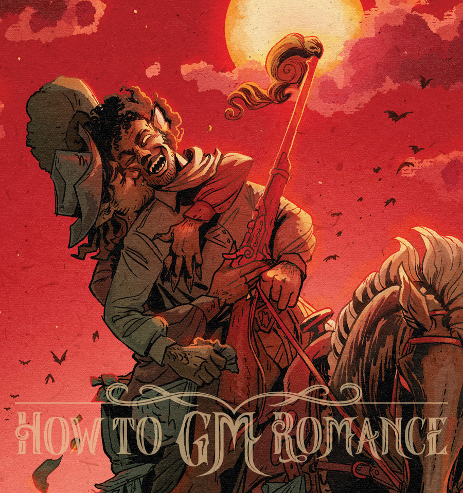 Preview of an illustration for How To GM Romance by Metal Weave Games. Framed against a bright red sky, flying bats, and moonlight, two cowboys embrace on horseback. Cale, a black werewolf, elatedly drives their nag, while Briar, a latino vampire, holds onto him and a smoking rifle, kissing his cheek.